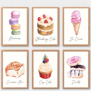 Watercolor Desserts Art Prints, Set of 6 Kitchen Gallery Wall Art, Dessert Digital Download, Kitchen Printables, Kitchen Decor, Dessert Art