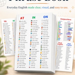 May include: A white educational book titled Speak Lingua Franca The Ultimate Phrase Book. The open pages display lists of English prepositions like at, in, and on, accompanied by small icons, alongside sections for conjunctions and real English phrases.