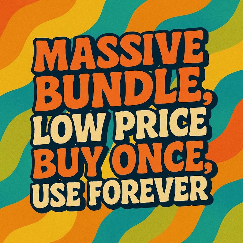 K&ouml;nnte beinhalten: Eine Grafik im Retro-Stil mit einem wellenf&ouml;rmigen Hintergrund in Orange-, Gelb- und Blaut&ouml;nen. Der Text lautet "MASSIVE BUNDLE, LOW PRICE BUY ONCE, USE FOREVER".