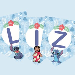 May include: A banner set spelling "LIZ" with a light blue tropical design. Each pennant features a letter in a white circle, with Stitch and Lilo characters. Red hibiscus flowers and palm trees decorate the top.