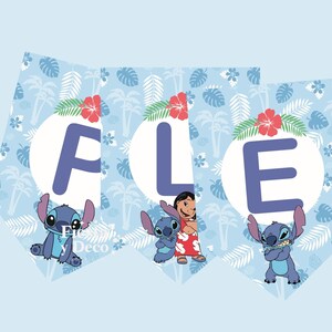May include: A banner with the word "FILE" in large blue letters, each on a separate pennant. The pennants feature a light blue tropical pattern and images of the character Stitch. Red hibiscus flowers and green leaves adorn the top of each pennant.