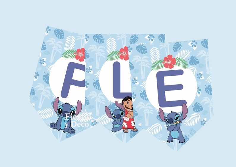May include: A banner with the word "FILE" in large blue letters, each on a separate pennant. The pennants feature a light blue tropical pattern and images of the character Stitch. Red hibiscus flowers and green leaves adorn the top of each pennant.
