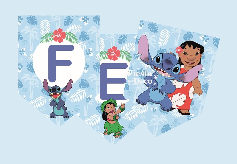 May include: A banner set featuring the characters Stitch and Lilo from the animated film Lilo & Stitch. The banner has a light blue background with tropical leaf and flower patterns. The letters "F" and "E" are displayed, along with the text "Fiesta y Deco".