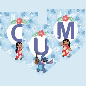 May include: A banner with the letters "CUM" in white circles, featuring a tropical design with palm trees and hibiscus flowers. The banner includes illustrations of Lilo and Stitch from the Disney movie.