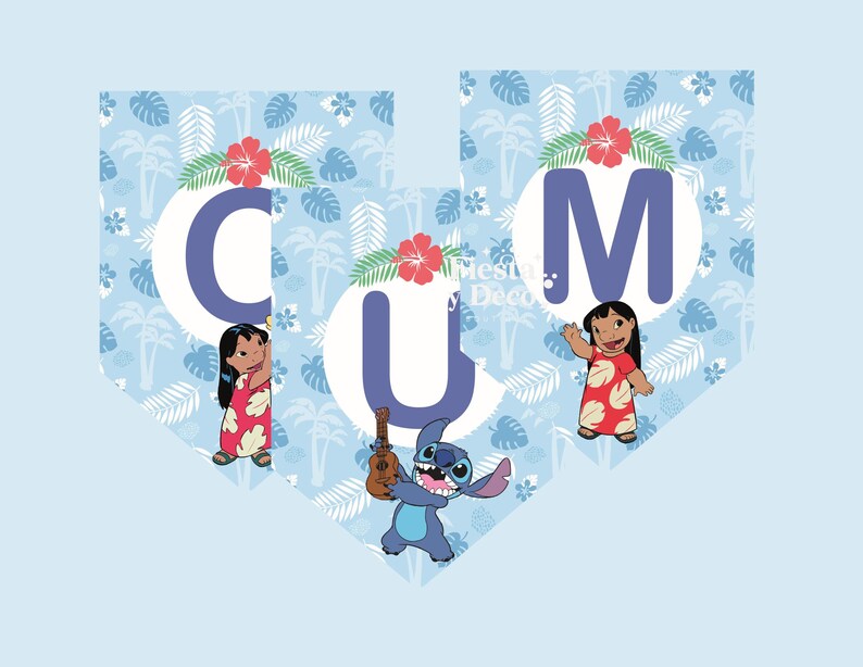 May include: A banner with the letters "CUM" in white circles, featuring a tropical design with palm trees and hibiscus flowers. The banner includes illustrations of Lilo and Stitch from the Disney movie.