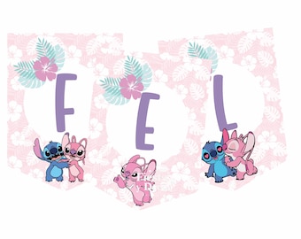 Happy Birthday Banner Printable Angel and Stitch PDF Lilo and Stitch Children's Decoration Banner Birthday Party Fest Digital Download