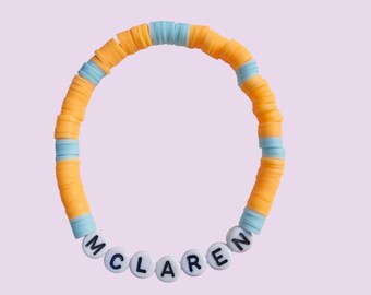 Pulsera de cuentas McLaren: joyería elástica naranja y azul para aficionados a la F1 con cuentas Heishi. Regalo de carreras hecho a mano para aficionados de la Fórmula 1.