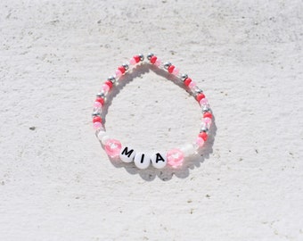 Pink and silver girl name bead bracelet