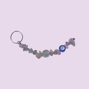 Amethyst Gemstone Keychain – Evil Eye, Hamsa Hand charms