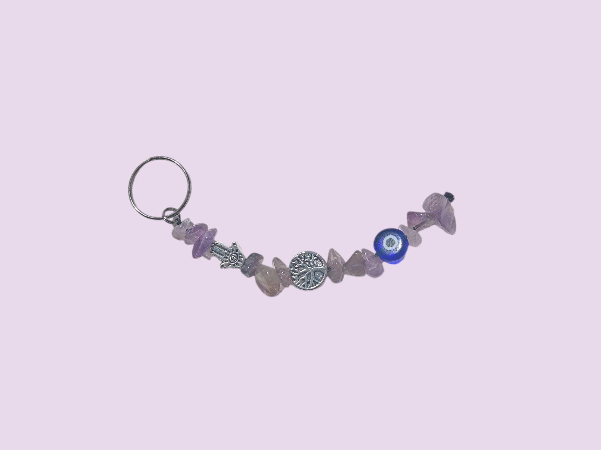 Amethyst Edelstein Schlüsselanhänger - Böser Blick, Hamsa Hand Anhänger