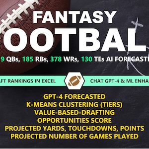 May include: A chalkboard with the text "FANTASY FOOTBALL" in white letters. The chalkboard also has the text "119 QBs, 185 RBs, 378 WRs, 130 TEs AI FORECASTED" in green letters. There is a football on the top left corner of the chalkboard. The chalkboard also has the text "DRAFT RANKINGS IN EXCEL" and "CHAT GPT-4 & ML ENHANCED" in green boxes. The chalkboard also has the text "GPT-4 FORECASTED", "K-MEANS CLUSTERING (TIERS)", "VALUE-BASED-DRAFTING", "OPPORTUNITIES SCORE", "PROJECTED YARDS, TOUCHDOWNS, POINTS", and "PROJECTED NUMBER OF GAMES PLAYED" in white letters.