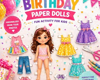 Muñecas de papel personalizadas para cumpleaños, actividad imprimible personalizada para niños, juego para fiesta de cumpleaños, kit para colorear y recortar, regalo de cumpleaños único para niños.