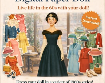 Muñeca de papel de moda de los años 60 para imprimir, efímera retro (descarga digital)