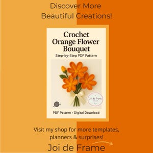 Op de afbeelding: Afbeelding van een gehaakt oranje bloemenboeket, gepresenteerd als een stapsgewijs PDF-patroon. De tekst luidt "Crochet Orange Flower Bouquet" en "PDF Pattern - Digital Download". De achtergrond is oranje.