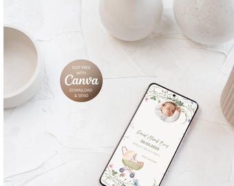 Plantilla floral para anuncio de bebé: Tarjeta editable para recién nacido (descarga digital)