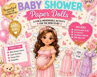 Muñecas de papel personalizadas para baby shower, imprimible personalizado para la futura mamá, juego de actividades para baby shower, regalo único para baby shower, kit para colorear y recortar.