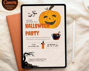 Invitación de Halloween con calabaza espeluznante / Plantilla editable de Canva (descarga digital)