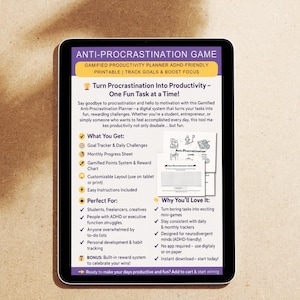 May include: A digital tablet displaying an "Anti-Procrastination Game" productivity planner. The screen features text about tracking goals, boosting focus, and turning tasks into fun mini-games. It includes a goal tracker, progress sheet, and reward system.