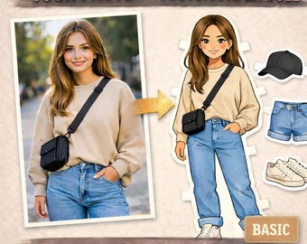 Ilustración personalizada de muñeca de papel – Paquete básico (1 atuendo) – Retrato de moda personalizado (descarga digital)