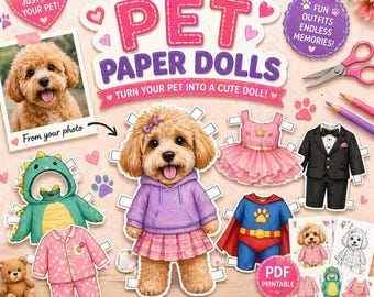 Muñecos de papel personalizados para mascotas, imprimibles personalizados de perros y gatos, regalo para amantes de las mascotas, muñeco con atuendo divertido para mascotas, actividad para colorear y recortar.