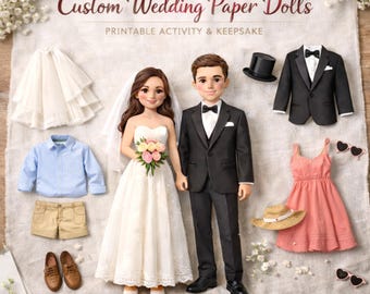 Muñecas de papel personalizadas para bodas, figuras imprimibles personalizadas de novios, actividad para bodas para niños y adultos, juego para colorear y recortar.