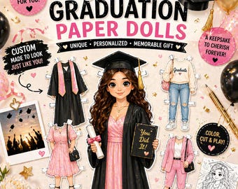 Muñecas de papel personalizadas para graduación, imprimible personalizado para graduados, idea de regalo de graduación, recuerdo para estudiantes de último año, actividad para colorear y recortar.