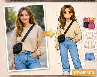 Ilustración personalizada de muñeca de papel – Incluye 3 conjuntos de ropa – Retrato de moda personalizado (Descarga digital)