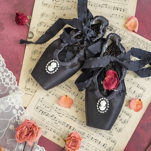 Classic Gothic Style Black Pointe Ballet Shoes with Lace and Vintage Cameo Accents – Elegant Vintage Handmade Decor, Beautiful Dance Gift.
