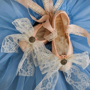 Shabby Chic Pointe Shoes: Old-Fashioned Buttons and Lace. Handmade Victorian Ballet Art. Vintage Home Decor