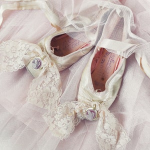 Vintage Worn Ballet Pointe Shoes with Cameo Accents and Lace – Ballet Collectible, Antique Dance Keepsake & Gift, Ballet Photography Prop.