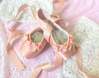 Hand dyed Pink Pointe Shoes with Satin Roses and Rhinestones. Ballet Wedding Gift, Nursery, Girl's Room Decor, Ballet Wall Hanging.