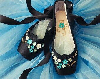 Black Satin Ballet Pointe Shoes with Blue Forget-Me-Nots. Romantic Bedroom Decor, Ballerina Art, Ballet Studio Accent, Display, Dance Gift