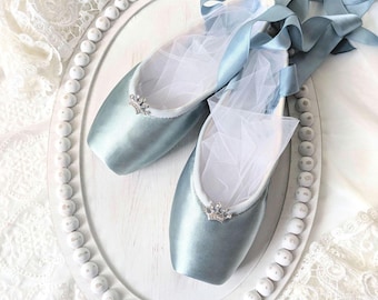 Ballet pointe Shoes in Faded Teal with Rhinestone Crowns. Ballet Recital Gift. Ballerina Room Decor, Wall Hanging, Dance Studio Display.