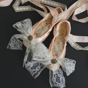 Shabby Chic Vintage Ballerina Toe Shoes with Lacy Bows.  Handmade Victorian Baroque Dance Gift, Antique Style Ballet Art, Boudoir Decor