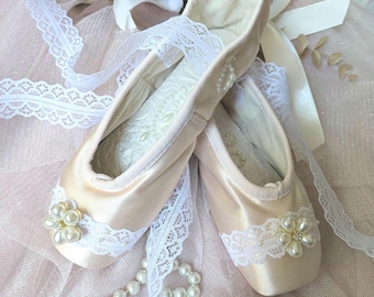 Petite Ballet Pointe Shoes with Pearl Flowers and Lace.  Baby Shower Present, Nursery Decor, Dance Gift, Ballerina Room Accent, Ballet Art.