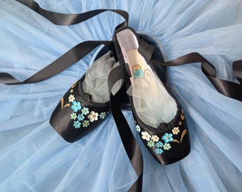 Black Satin Ballet Pointe Shoes with Blue Forget-Me-Nots. Romantic Bedroom Decor, Ballerina Art, Ballet Studio Accent, Display, Dance Gift