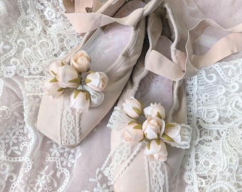 Shabby Chic Ballet Shoes with Rose Buds and Lace. Vintage Ballet Gift, Home, Cottage Decor, Dance Studio Accent, Bedroom Wall Hanging
