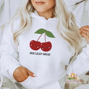 Cherry Cartoon Hoodie, Embroidered Mon Cherry Amour Sweatshirt, Cute Fruit Hoodie, Fun Foodie Gift, Kawaii Outerwear, Trendy Trending Hoodie