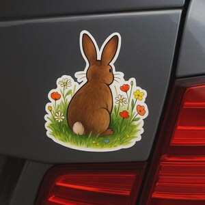 Adesivo per camper, laptop o auto raffigurante un coniglio su un prato fiorito. Delicato motivo animale come regalo per gli amanti del giardino e per i bambini.