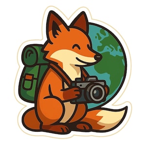 Adesivo Volpe Viaggiatrice nel Mondo | Simpatico adesivo con macchina fotografica | Design nerd per i viaggi con gli animali | Idea regalo per fotografi di volpi