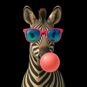 May include: A zebra wearing pink sunglasses and blowing a pink bubble. The zebra has black and white stripes.