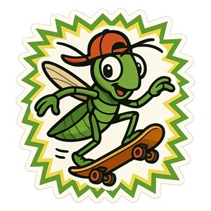 スケートボードに描かれたバッタのステッカー。面白い動物の漫画ステッカー。子供、車、ノートパソコン用。スケーターや昆虫愛好家へのギフト。