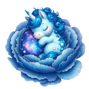Puede incluir: Ilustración caprichosa de un unicornio durmiente acurrucado en una gran flor azul. El unicornio tiene pelaje azul, un cuerno blanco y ojos cerrados. El centro de la flor es una galaxia de estrellas y colores. El tema general es la fantasía y los sueños.