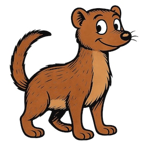 May include: A cartoon illustration of a brown weasel with a black tail and whiskers. The weasel is standing upright with a friendly expression, featuring large white eyes and a slight smile. The artwork has a textured appearance.