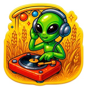 コーンフィールドディスコでレコードプレーヤーを持つエイリアンDJ - 面白い漫画ステッカー - 耐候性 - SF、パーティー、ユーモアファンへのギフト