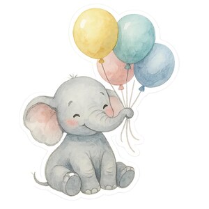 May include: A watercolour illustration of a smiling grey elephant holding four colourful balloons. The balloons are yellow, teal, pink, and blue. The elephant has pink ears and cheeks, and is sitting down.