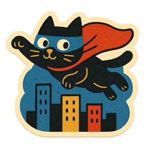秘密のスーパーヒーロー猫が街中を飛び回る - 面白い漫画ステッカー - 耐候性 - 猫、漫画、ユーモアファンへのギフト
