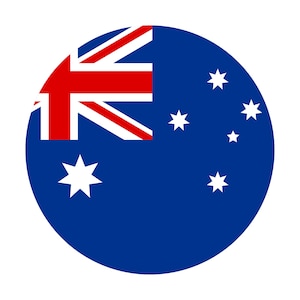May include: A circular graphic of the Australian flag. The flag has a blue background with the Union Jack in the top left, a large white seven-pointed star below, and five white stars on the right.
