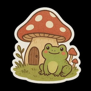 Autocollant mignon grenouille avec maison champignon – Motif animal de dessin animé pour cahiers, ordinateurs portables, bouteilles d'eau et scrapbooking Autocollant nature amusant