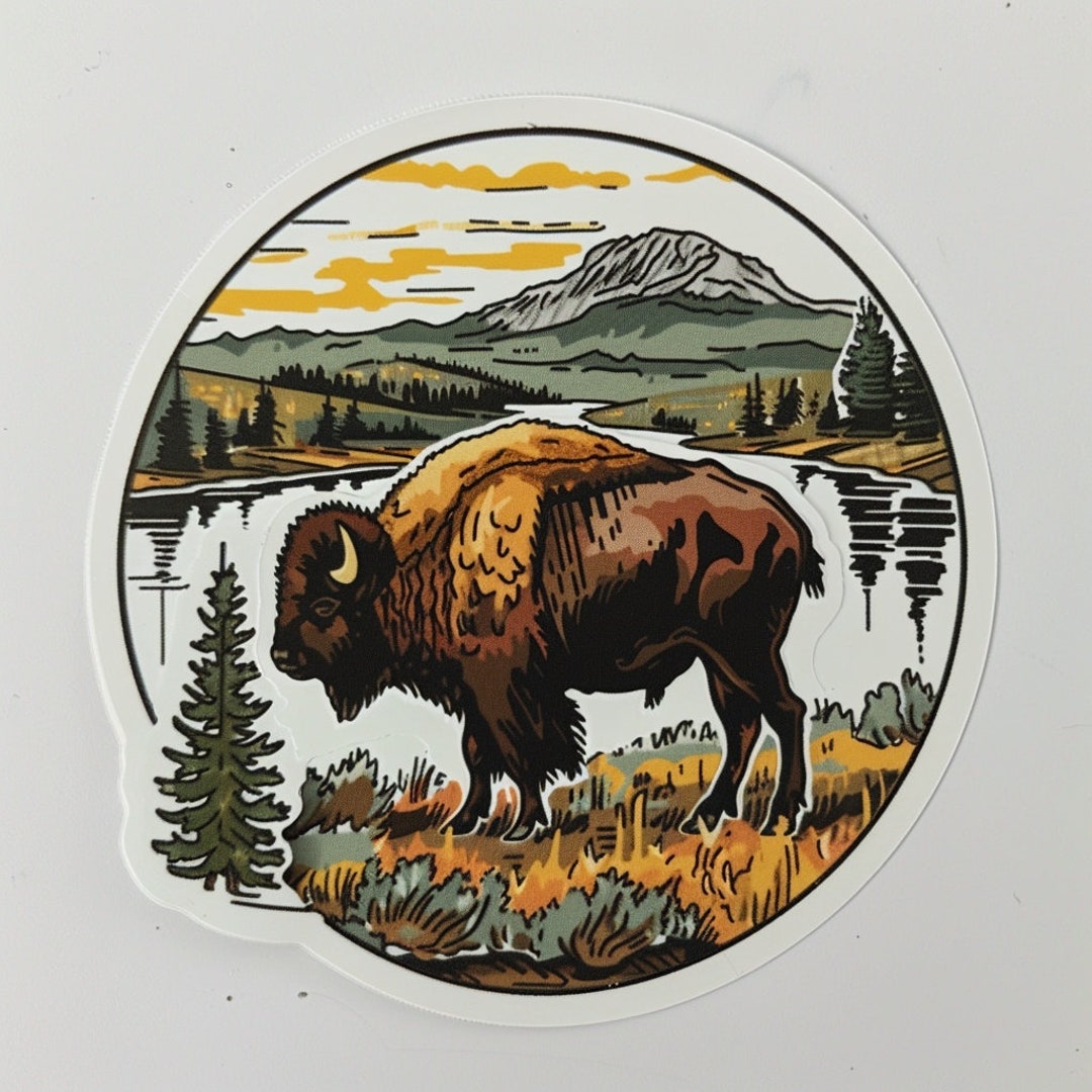 Bison Sticker With Wild Animal in Mountain Landscape Wall Sticker Car ...
